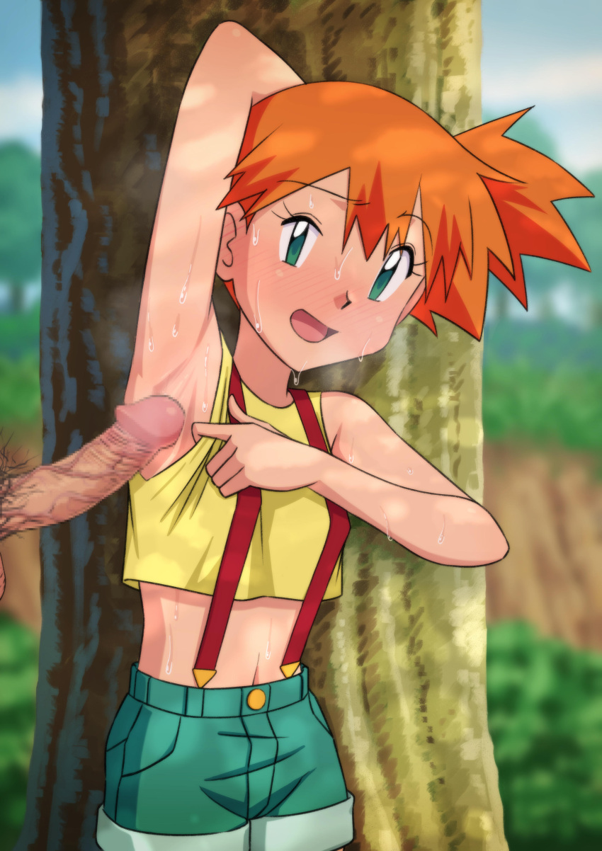 1girl absurdres arm_behind_head arm_up armpit_sex armpits bangs bare_arms blush censored commentary_request crop_top cropped_shirt dappled_sunlight day eyelashes green_eyes green_shorts half-closed_eye highres looking_at_viewer miraa_(chikurin) misty_(pokemon) mosaic_censoring navel open_mouth orange_hair outdoors penis pokemon pokemon_(anime) pokemon_(classic_anime) presenting_armpit shirt short_hair shorts side_ponytail sleeveless sleeveless_shirt solo standing sunlight suspenders sweat tongue tree upper_body variant_set yellow_shirt