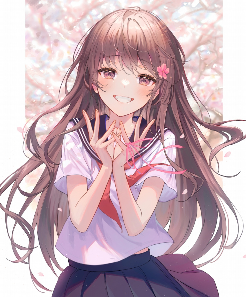 1girl black_sailor_collar blue_skirt brown_eyes brown_hair cherry_blossoms falling_petals flower hair_flower hair_ornament haru_(hiyori-kohal) highres light_particles long_hair neckerchief original own_hands_together petals pink_ribbon pleated_skirt red_neckerchief ribbon sailor_collar school_uniform serafuku shirt short_sleeves skirt smile solo very_long_hair white_shirt