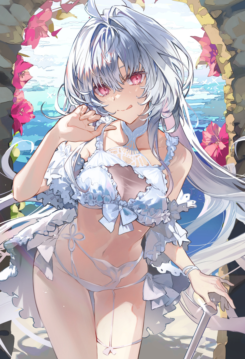 1girl absurdres ahoge bangs bare_shoulders bikini breasts cleavage fate/grand_order fate_(series) frilled_bikini frills highres lady_avalon_(fate) lady_avalon_(second_ascension)_(fate) licking_lips long_hair looking_at_viewer medium_breasts merlin_(fate/prototype) navel poppoman purple_eyes smile solo swimsuit thighs tongue tongue_out very_long_hair white_bikini white_hair