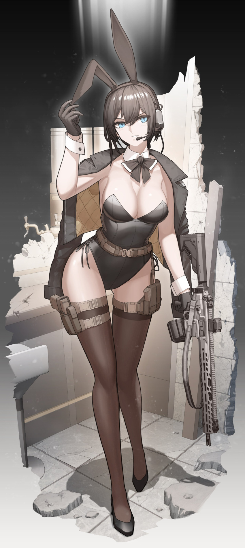 1girl absurdres animal_ears belt black_gloves black_thighhighs blue_eyes breasts brown_hair cheogtanbyeong cleavage detached_collar drum_magazine fake_animal_ears full_body glock gloves gun handgun headphones high_heels highres holster jacket jacket_on_shoulders magazine_(weapon) original playboy_bunny short_hair sig_sauer_mcx smile solo tactical_playboy_bunny thigh_holster thigh_pouch thighhighs weapon wrist_cuffs