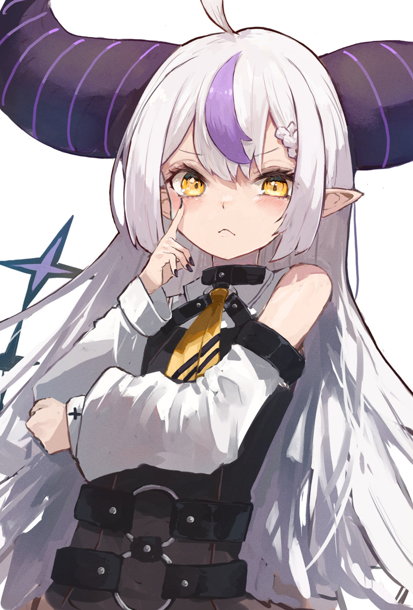 1girl ahoge ascot bare_shoulders black_horns black_nails blush fingernails frown highres hololive horns la+_darknesss long_hair looking_at_viewer multicolored_hair nail_polish nyucha pointy_ears purple_hair simple_background solo streaked_hair striped_horns virtual_youtuber white_background white_hair yellow_ascot yellow_eyes