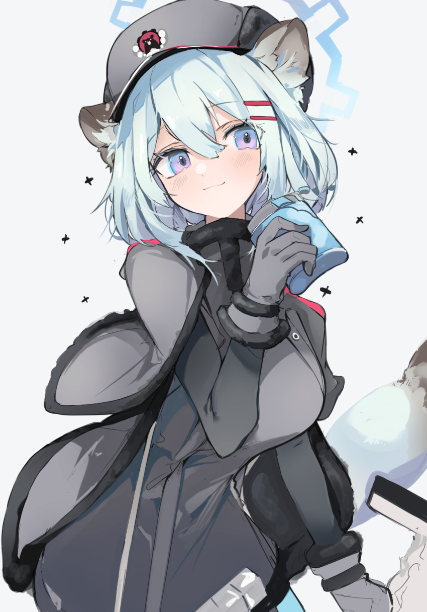 1girl :3 animal_ears blue_archive bottle breasts capelet closed_mouth coat commentary fur-trimmed_coat fur-trimmed_gloves fur_hat fur_trim gloves grey_coat grey_gloves grey_headwear hair_between_eyes hair_ornament hairclip halo hat highres hip_flask holding holding_bottle light_blush light_green_hair long_sleeves mikozin purple_eyes shigure_(blue_archive) simple_background solo symbol-only_commentary tail upper_body ushanka weasel_ears weasel_girl weasel_tail white_background