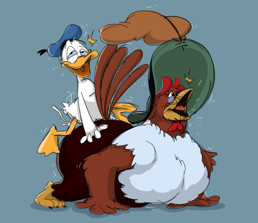 2022 all_fours anatid anseriform anthro avian beak big_breasts bird bodily_fluids breasts chicken clara_cluck clothing cum disney doggystyle donald_duck duck duo ejaculating_cum ejaculation female from_behind_position galliform gallus_(genus) genital_fluids hat hat_only headgear headgear_only headwear headwear_only hi_res jodero larger_female larger_penetrated male male/female mostly_nude orgasm_face penetration phasianid sex simple_background size_difference smaller_male