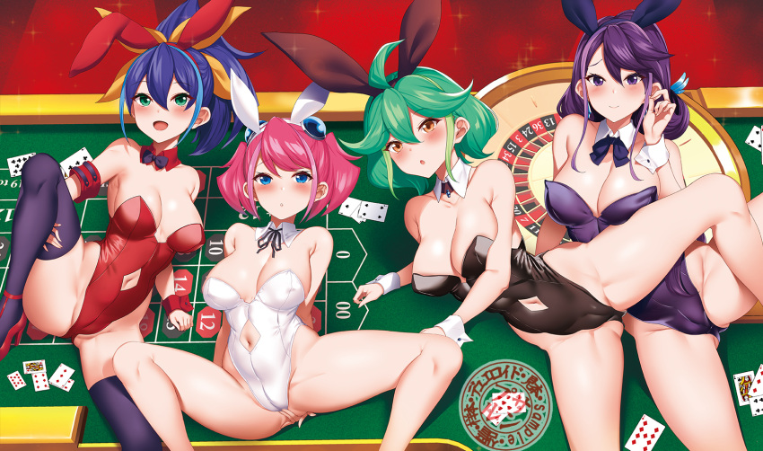 4girls animal_ears bangs black_leotard black_thighhighs blue_eyes blue_hair blush bow bow_choker bracelet_girls breasts brown_eyes card cleavage clothing_cutout fake_animal_ears green_eyes green_hair hair_between_eyes hair_bow high_heels highres hiiragi_yuzu kurosaki_ruri leotard long_hair looking_at_viewer multicolored_hair multiple_girls navel navel_cutout pink_hair playboy_bunny playing_card ponytail purple_eyes purple_hair purple_leotard rabbit_ears raiou red_footwear red_leotard rin_(yu-gi-oh!) roulette_table second-party_source serena_(yu-gi-oh!) short_hair strapless strapless_leotard table thighhighs twintails two-tone_hair white_leotard wrist_cuffs yu-gi-oh! yu-gi-oh!_arc-v