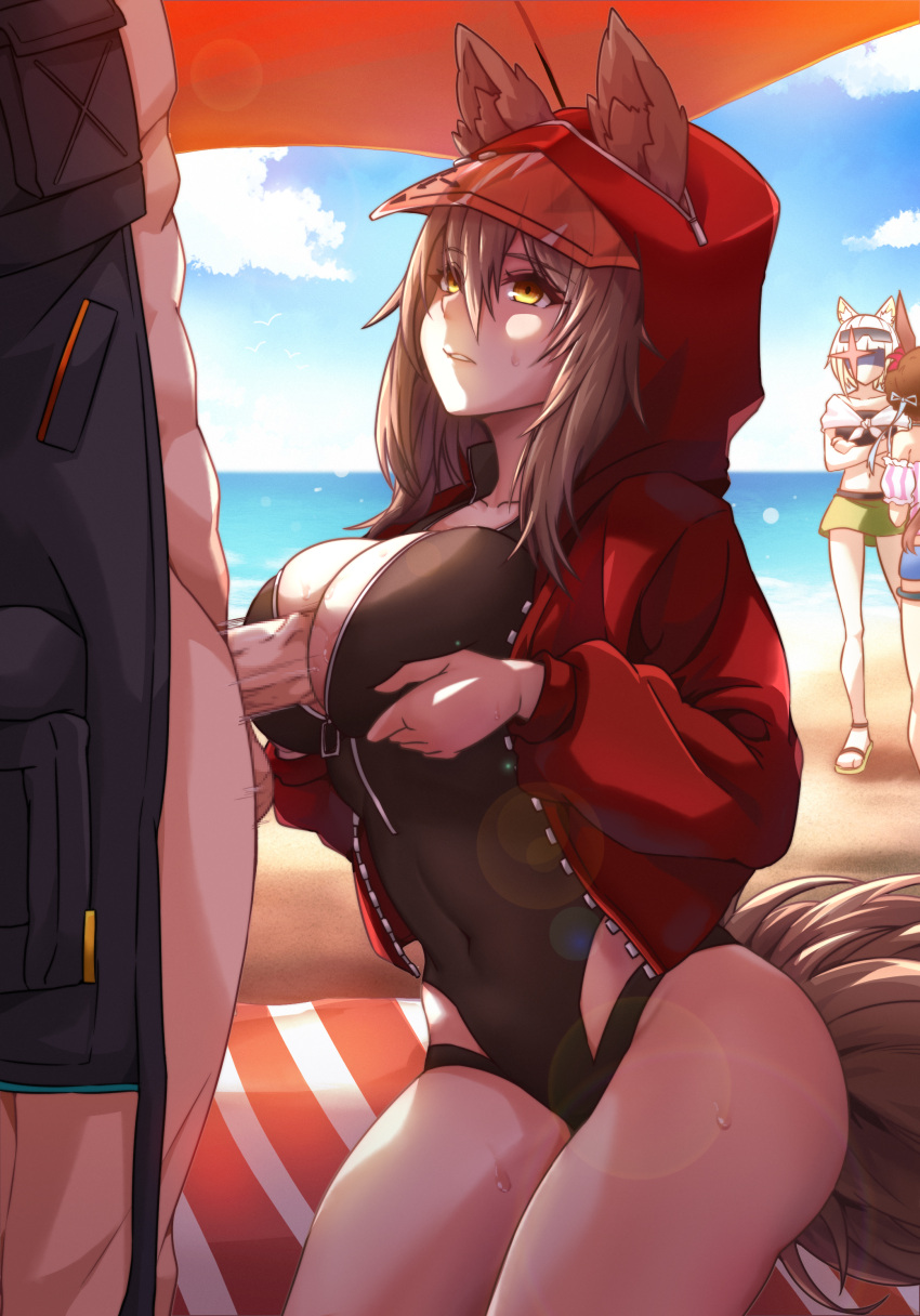 1boy 3girls absurdres amiya_(arknights) animal_ears arknights beach black_one-piece_swimsuit blush breast_hold breasts censored doctor_(arknights) erection grey_hair hetero highres jacket kal'tsit_(arknights) large_breasts long_hair long_sleeves male_doctor_(arknights) mosaic_censoring multiple_girls naked_jacket official_alternate_costume one-piece_swimsuit open_clothes open_jacket outdoors paizuri penis perpendicular_paizuri projekt_red_(arknights) projekt_red_(light_breeze)_(arknights) public_indecency red_jacket revision solo_focus swimsuit tail testicles wolf_ears wolf_girl wolf_tail xia_wanzi yellow_eyes