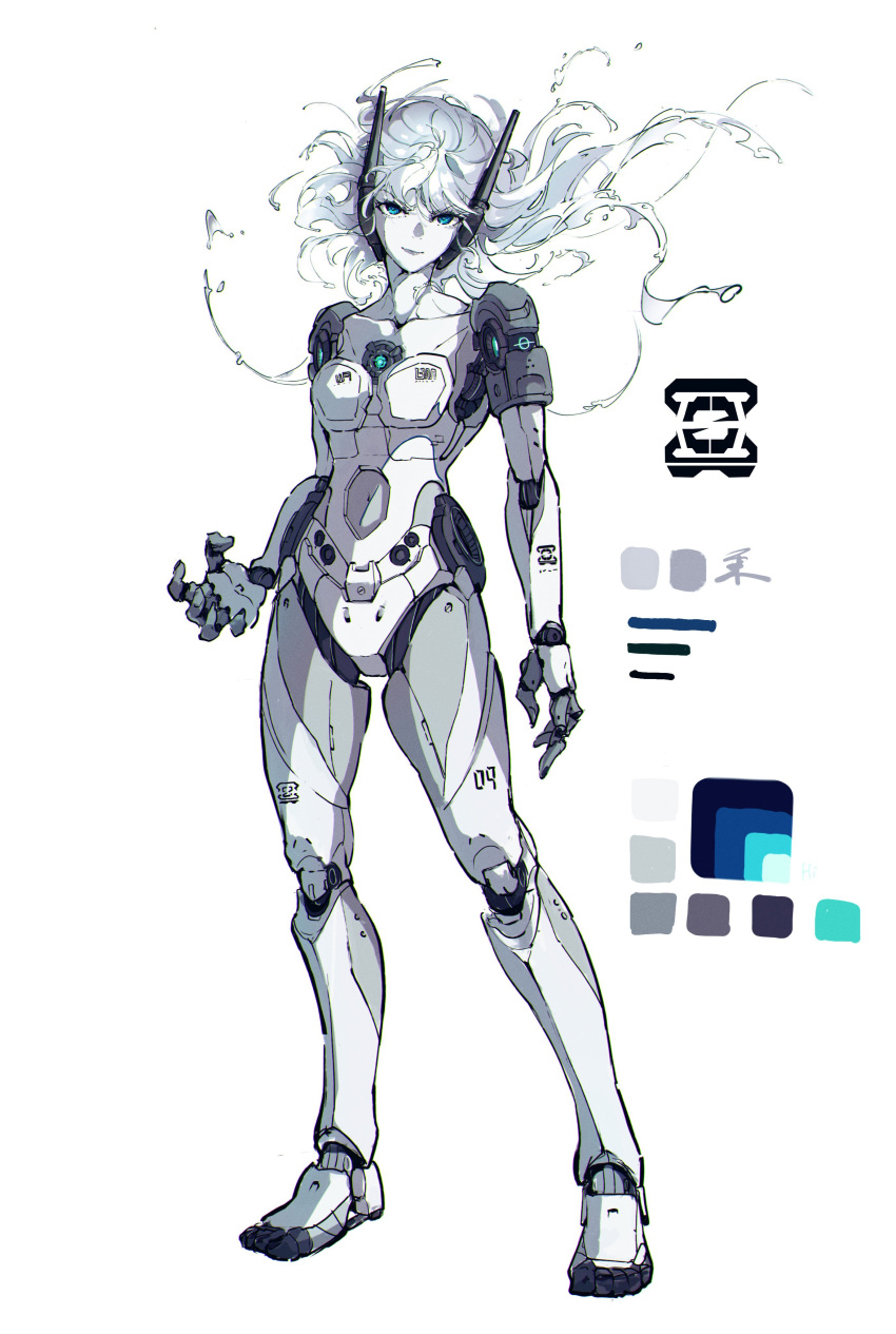 1girl absurdres android blue_eyes collarbone color_guide colored_skin commentary_request full_body highres humanoid_robot joints long_hair looking_at_viewer original robot robot_joints sirosuke_mei solo standing white_background white_hair white_skin