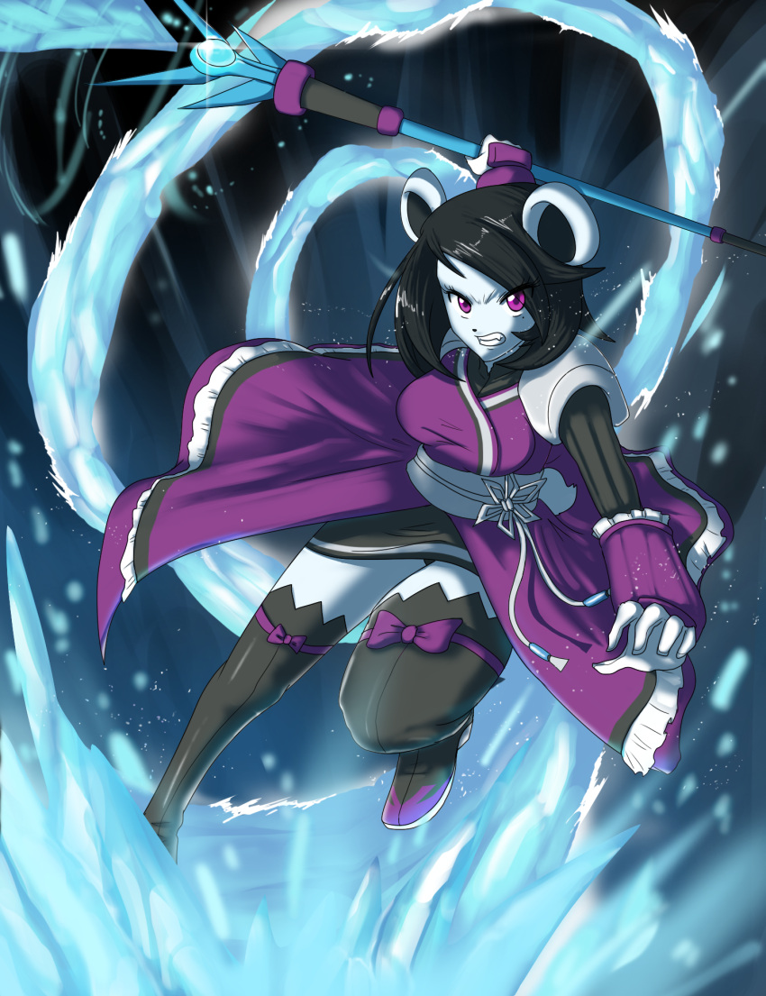 2020 angry anthro black_hair clothed clothing digital_media_(artwork) female freedom_planet freedom_planet_2 fur giant_panda hair hi_res ice legwear mammal neera_li purple_eyes solo sonicboom30813 staff thigh_highs ursid video_games white_body white_fur