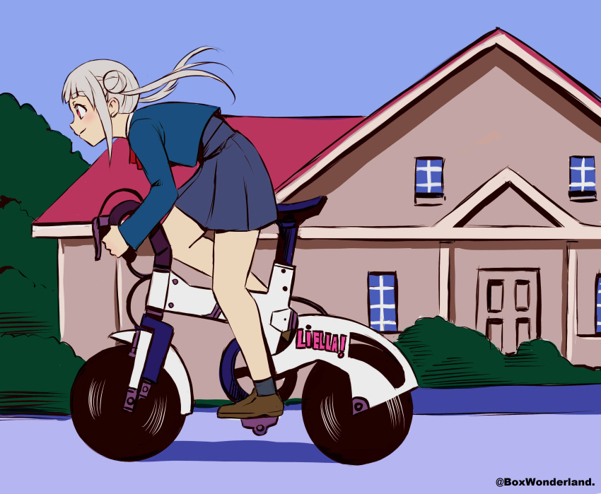 1girl absurdres angel_gabriel. arashi_chisato bicycle blue_jacket brown_footwear bush double_bun dragon_ball dragon_ball_z dress floating_hair from_side grey_dress grey_socks ground_vehicle hair_bun highres house jacket long_sleeves love_live! love_live!_superstar!! parody pink_eyes riding riding_bicycle school_uniform shoes smile socks solo twintails white_hair yuigaoka_school_uniform