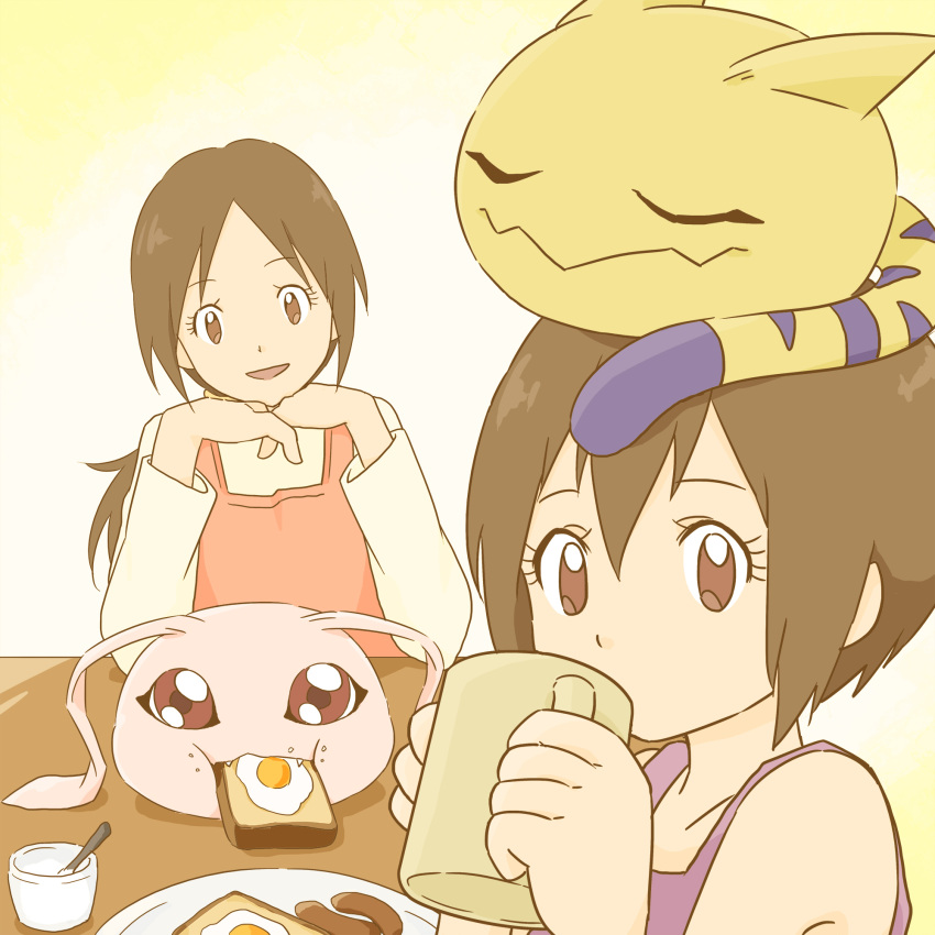 2girls bread bread_slice brown_hair closed_eyes creature_on_head digimon digimon_adventure drinking eating egg fangs food fried_egg fried_egg_on_toast gdn0522 highres koromon looking_at_viewer mother_and_daughter multiple_girls nyaromon toast yagami_hikari yagami_yuuko_(digimon)