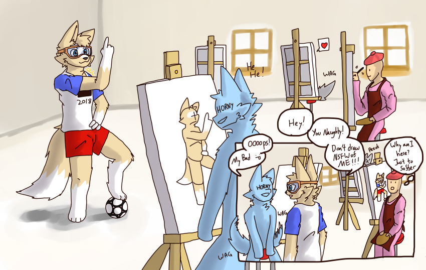 &lt;3 4_fingers 4_toes anthro ball canid canine canis clothing comic drawing eyewear feet fifa fingers football_(ball) glasses group hi_res human male mammal mascot no_shoes painting redtale shaded simple_coloring simple_shading toes wolf zabivaka