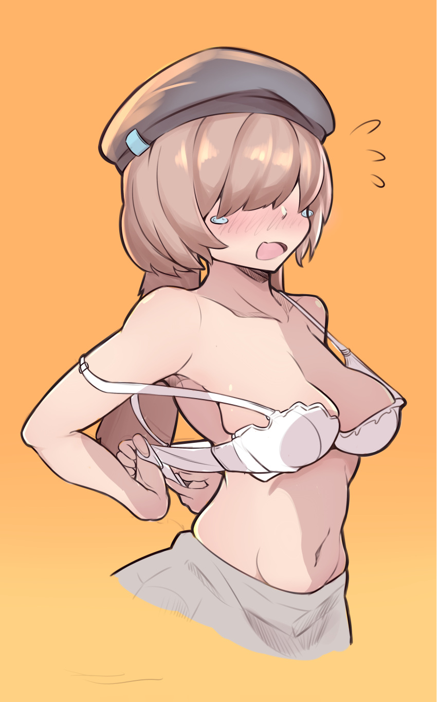 1girl absurdres adjusting_bra adjusting_clothes arknights bangs beret blush bra breasts brown_hair chinese_commentary commentary_request covered_eyes cropped_legs dressing facing_viewer grey_headwear grey_skirt hat highres long_hair medium_breasts mr.681 navel no_eyes open_mouth orange_background reserve_operator_caster_(arknights) simple_background skirt solo tearing_up underwear white_bra