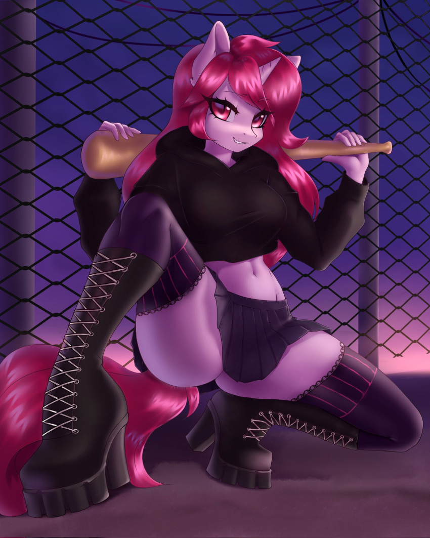 anthro baseball_bat bat_(object) bottomwear breasts butt_from_the_front clothing equid equine female fence hasbro hi_res hoodie horn legwear mammal my_little_pony skirt solo thigh_highs topwear unicorn yutakira92