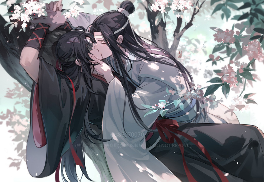2boys arms_up artist_name bangs bishounen black_hair black_robe blindfold blue_sky branch chinese_clothes closed_eyes commentary_request day eyelashes flower hair_bun hair_ornament hand_on_another's_chin hanfu headband highres in_tree kiss lan_wangji long_hair long_sleeves lying male_focus mo_dao_zu_shi multiple_boys on_back outdoors parted_bangs pink_flower robe sidelocks single_hair_bun sky tree twitter_username usagishi very_long_hair watermark wei_wuxian white_headband white_robe wide_sleeves xiao_guan_(headdress) yaoi