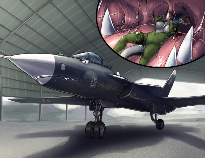 absurd_res aircraft airplane amnep_(vividlucidity) anthro breasts digital_media_(artwork) dire_aircraft dire_machine dire_vehicle duo exposed_breasts female female/female feral flight_suit hi_res holding_uvula inside_mouth internal living_aircraft living_machine living_vehicle machine mawplay robot su-47 sukhoi svetlana_(drachenfyr) teeth text throat uvula valravnconcorde vehicle vore