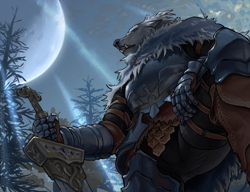 2022 5_fingers anthro armor biped blaidd_(elden_ring) canid canine canis clothing detailed_background digital_media_(artwork) elden_ring fingers fromsoftware fur gauntlets gloves grey_body grey_fur handwear hi_res holding_object holding_weapon legwear male mammal mickey_the_retriever moon plant solo straps tree video_games weapon wolf