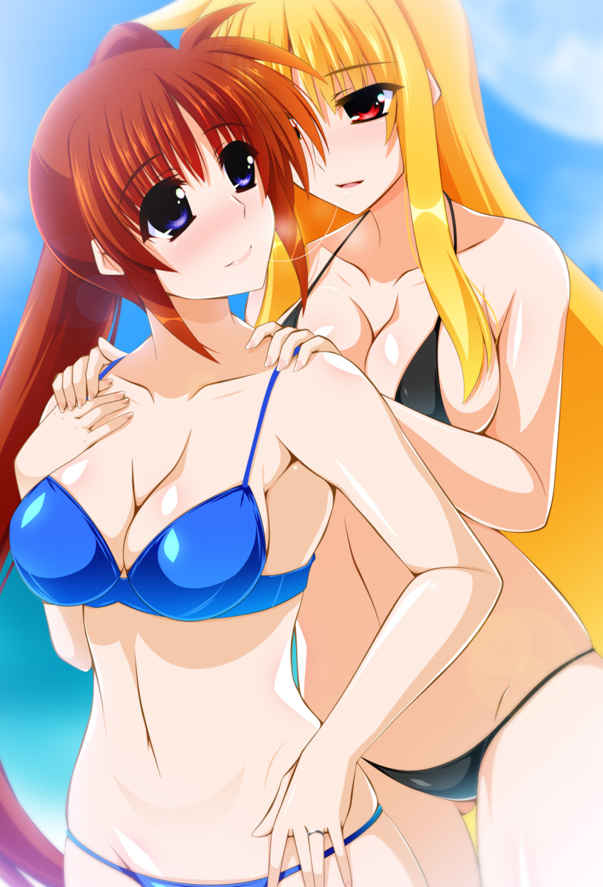 2girls :d after_kiss ass_visible_through_thighs bare_arms bikini black_bikini blonde_hair blue_bikini blue_eyes blush breasts brown_hair cleavage closed_mouth collarbone engo_(aquawatery) fate_testarossa groin halterneck hand_on_another's_shoulder high_ponytail highres jewelry large_breasts long_hair looking_back lowleg lowleg_bikini lyrical_nanoha mahou_shoujo_lyrical_nanoha mahou_shoujo_lyrical_nanoha_strikers multiple_girls open_mouth red_eyes ring saliva saliva_trail shiny shiny_hair side_ponytail sideboob smile straight_hair swimsuit takamachi_nanoha very_long_hair wedding_ring yuri
