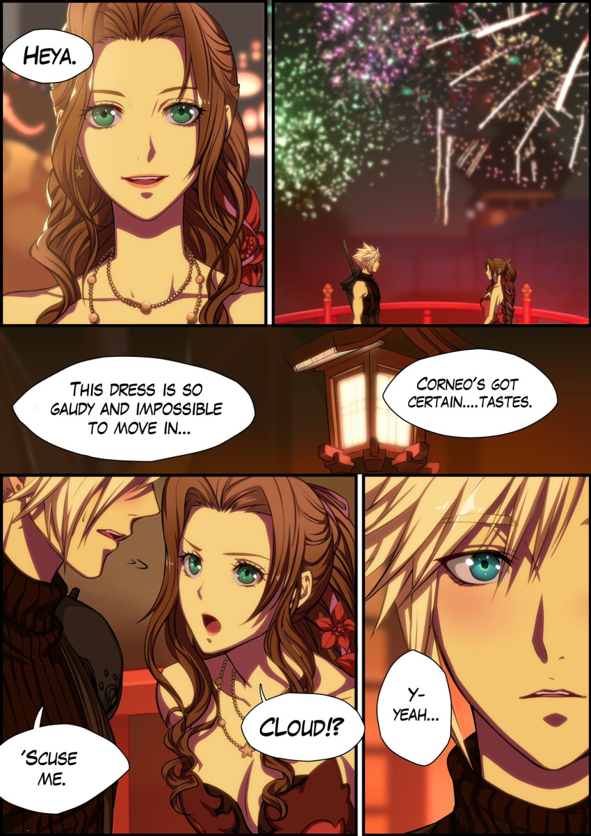 aerith_gainsborough bangs bare_shoulders blonde_hair blue_eyes blush breasts bridge cleavage cloud_strife dress english_text final_fantasy final_fantasy_vii final_fantasy_vii_remake fireworks flamenco_dress flower green_eyes hair_flower hair_ornament halu-ca highres lantern long_hair looking_at_another medium_breasts multiple_necklaces official_alternate_costume open_mouth parted_bangs parted_lips ponytail red_dress red_flower ringlets sequential short_hair sidelocks smile speech_bubble spiked_hair strapless strapless_dress sweatdrop upper_body