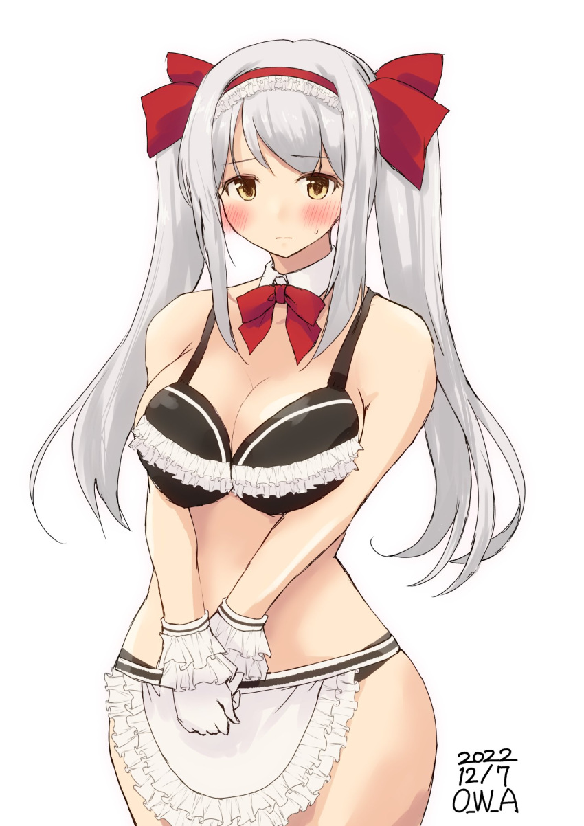 1girl alternate_costume alternate_hairstyle apron black_panties blush bra breasts collarbone dated embarrassed frilled_bra frills gloves hair_ribbon hairband headband highres kantai_collection large_breasts long_hair owa_(ishtail) panties red_headband red_ribbon ribbon shoukaku_(kancolle) signature simple_background solo twintails underwear white_background white_gloves white_hair
