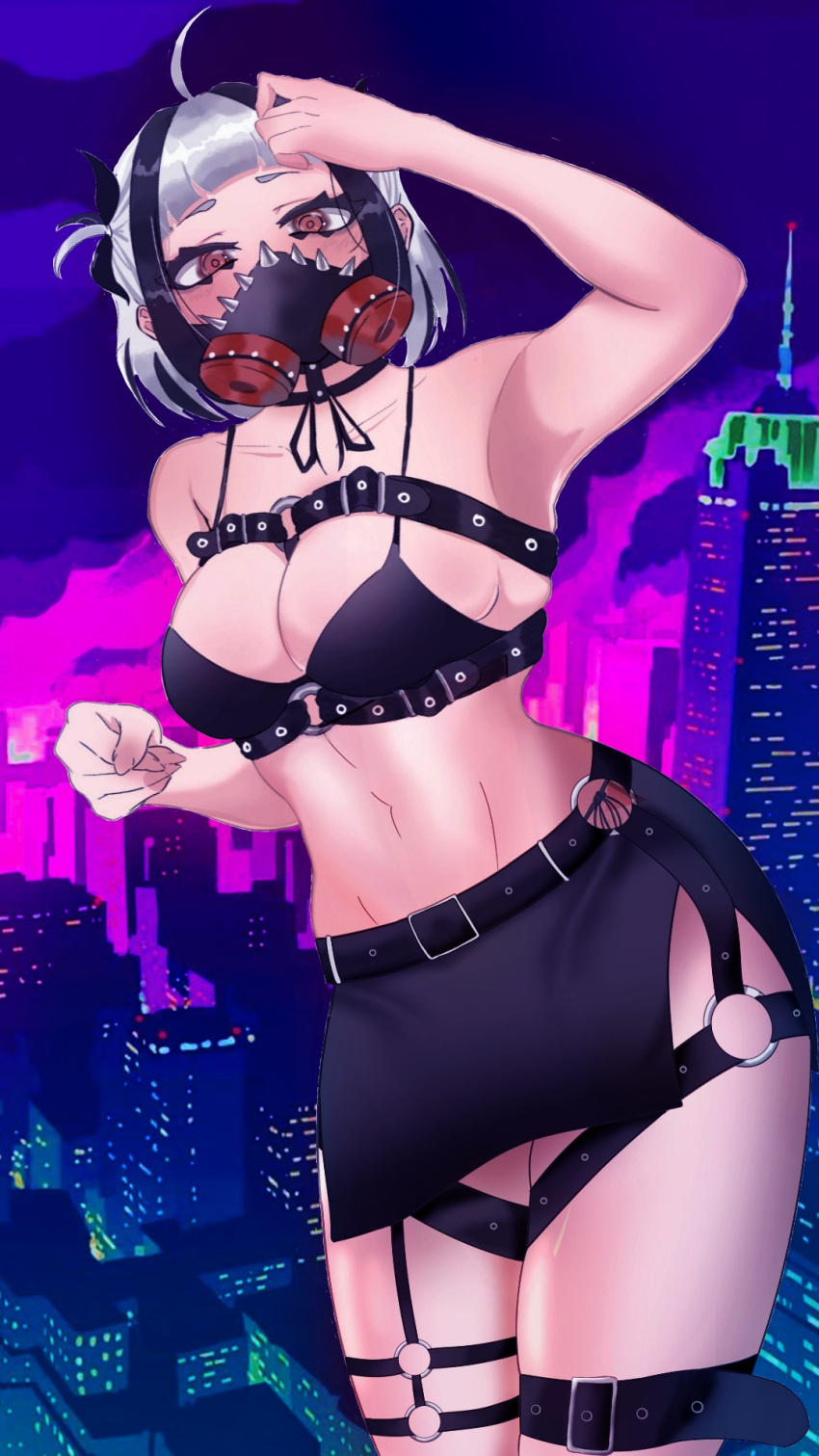 1girl belt black_gloves black_hair bra covered_mouth covering_mouth fishnet_top fishnets gloves gradient gradient_background hand_on_own_face hand_to_own_mouth highres jacket jewelry necklace neon_kuroyuri neon_kuroyuri_character open_clothes open_jacket pink_eyes underwear upper_body v virtual_youtuber wactor_production white_hair