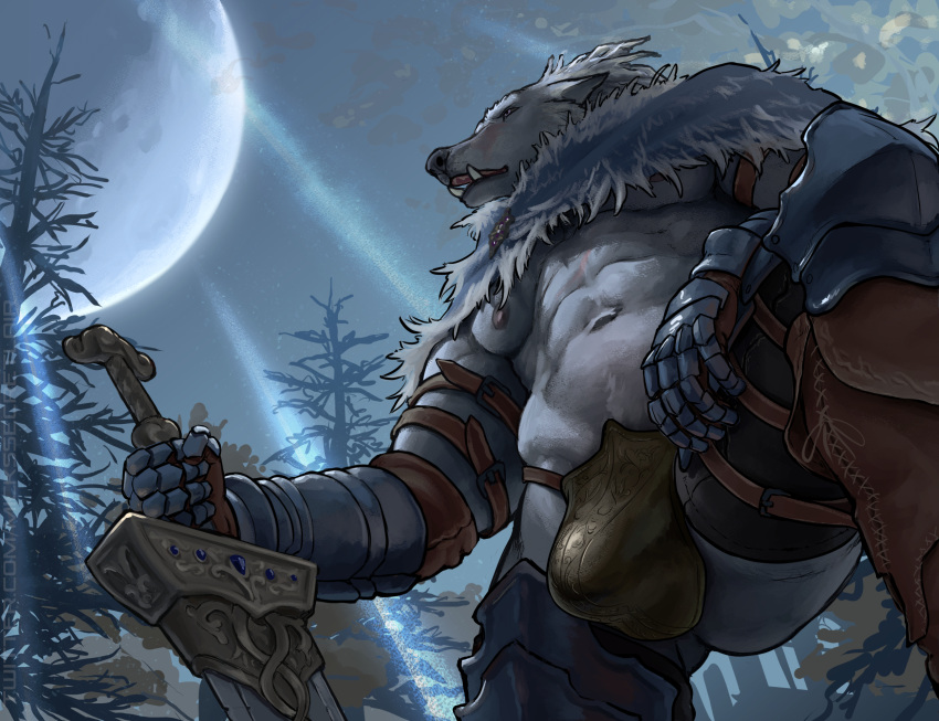 2022 5_fingers anthro armor biped blaidd_(elden_ring) bulge canid canine canis clothing detailed_background digital_media_(artwork) elden_ring fingers fromsoftware fur gauntlets gloves grey_body grey_fur handwear hi_res holding_object holding_weapon legwear male mammal mickey_the_retriever moon navel nipples plant solo straps tree underwear video_games weapon wolf