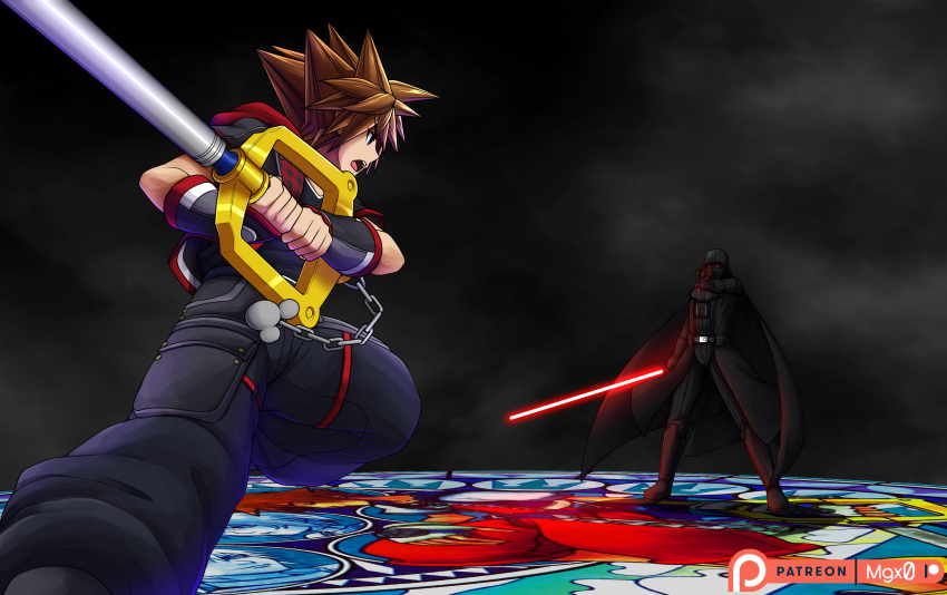 2boys absurdres armor blue_eyes brown_hair chain commission crossover darth_vader energy_sword highres holding_lightsaber hood hoodie keyblade kingdom_hearts kingdom_hearts_iii lightsaber male_focus mgx0 multiple_boys open_mouth patreon_logo patreon_username sora_(kingdom_hearts) spiked_hair star_wars sword weapon