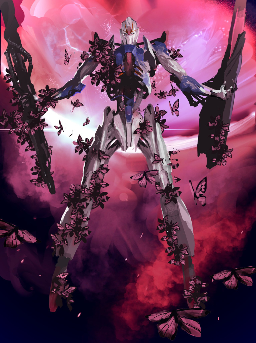 bug butterfly cable commentary full_body green_eyes gun gundam highres holding holding_gun holding_weapon looking_at_viewer mecha no_humans pink_butterfly redesign rintaro_komori robot solo straight-on v-fin weapon zeta_gundam zeta_gundam_(mobile_suit)