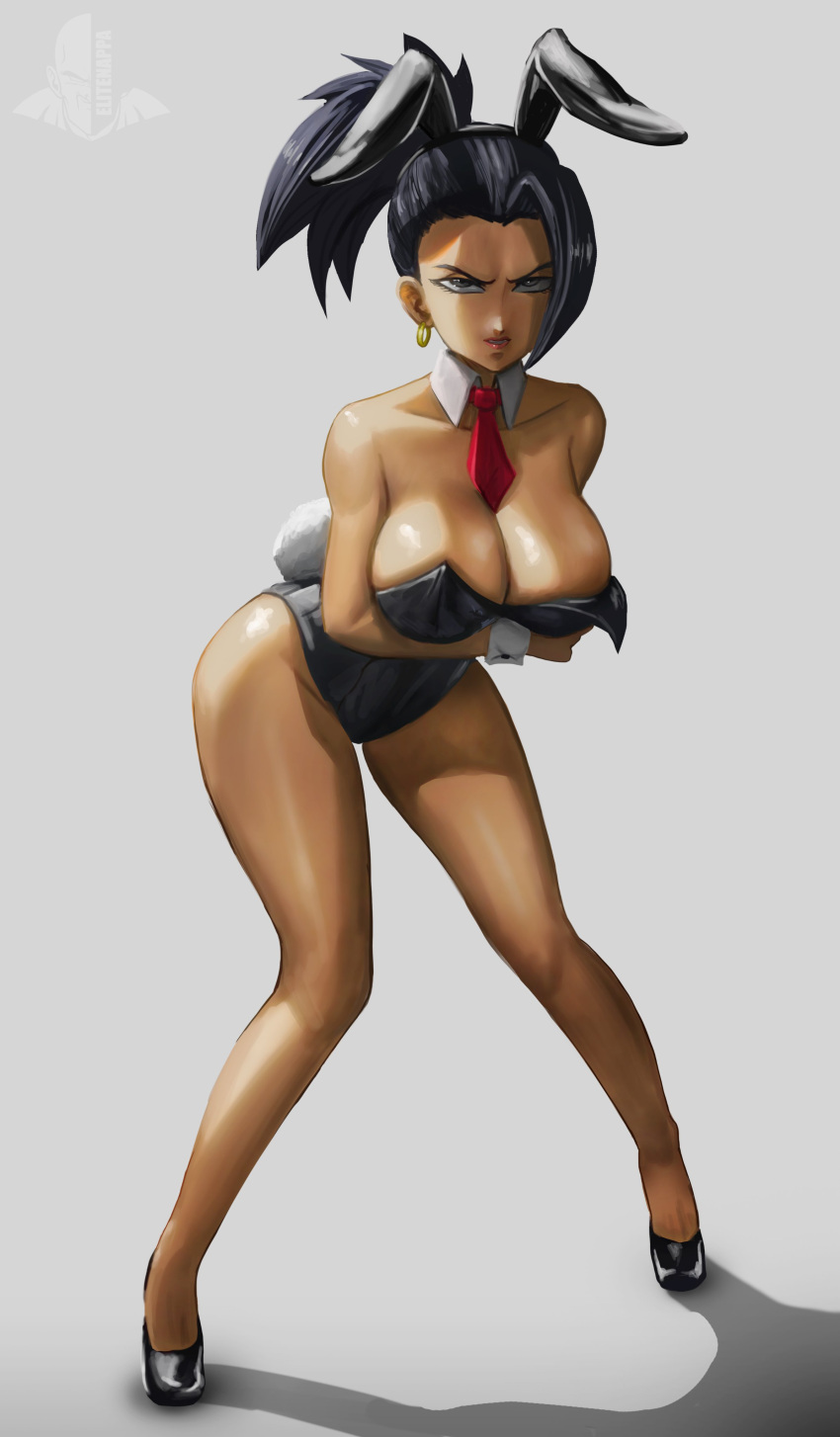 1girl absurdres animal_ears black_hair black_leotard breasts detached_collar dragon_ball dragon_ball_super earrings elite_nappa fake_animal_ears fake_tail full_body highres hoop_earrings jewelry kale_(dragon_ball) large_breasts leotard necktie playboy_bunny ponytail rabbit_ears rabbit_tail red_necktie solo standing tail wrist_cuffs