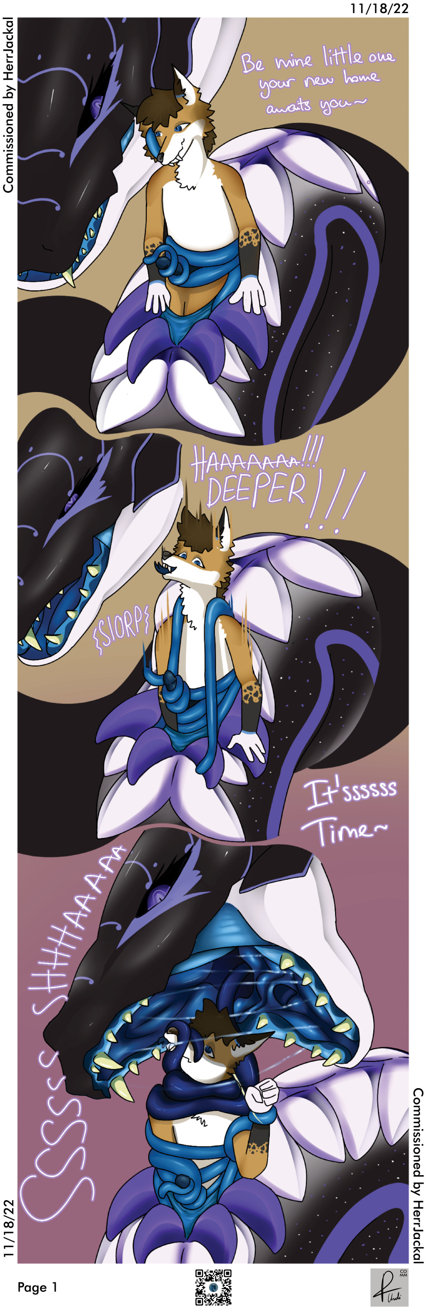 absurd_res anthro canid canine canis coiling comic dialogue dk_(herrjackal) dookie female feral flesh half-body hi_res invalid_tag jackal larger_female male male/female mammal open_mouth purple reptile scale_(disambiguation) scalie sequence size_difference smaller_male snake teeth tentacles tongue unbirthing undifinder vaginal violet vore