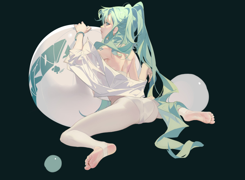 1girl absurdres aqua_hair arched_back arm_tattoo ass back ball bangs beachball bra bracelet eyelashes feet full_body grandia_lee green_background hands_up hatsune_miku highres jewelry leaning_forward legs long_hair long_sleeves looking_back nail_polish no_shoes off_shoulder open_clothes open_shirt panties panties_under_pantyhose pantyhose parted_lips shadow shirt sidelocks soles solo stirrup_legwear tattoo toe_scrunch toeless_legwear toenail_polish toenails toes twintails underwear vocaloid white_bra white_pantyhose white_shirt
