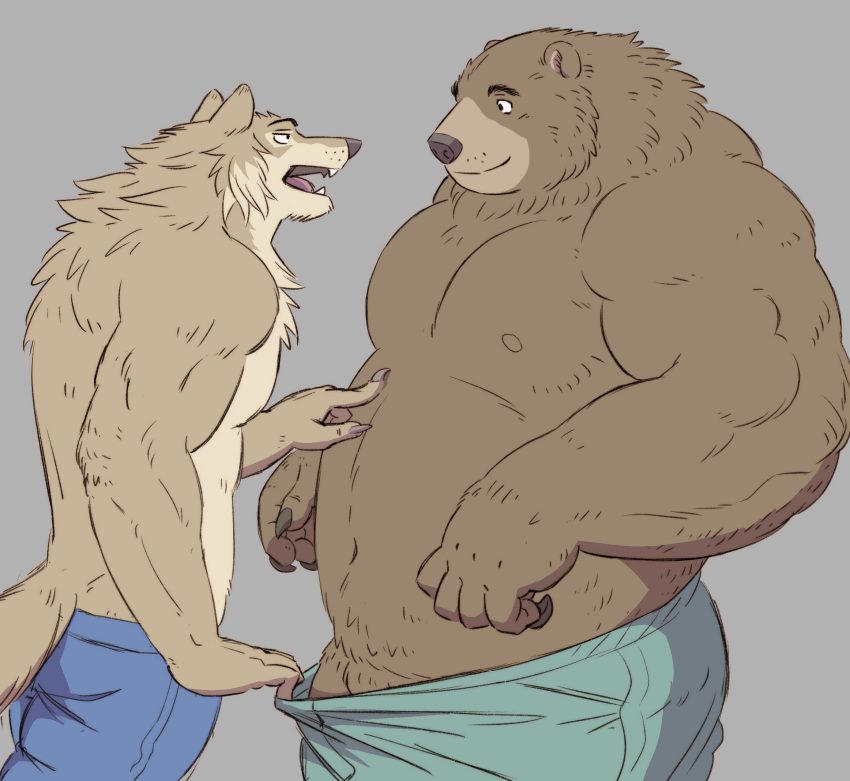 2022 anthro black_nose brown_body brown_fur canid canine clothing duo fur gadoran hi_res humanoid_hands kemono male mammal musclegut simple_background underwear ursid