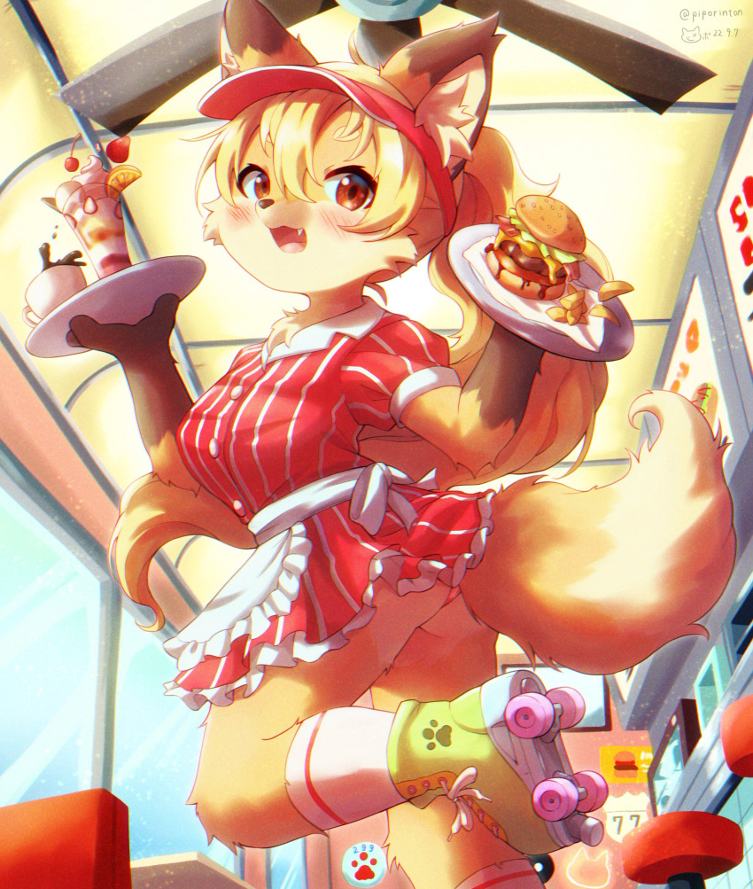 anthro apron bacon bangs blonde_hair body_fur burger butt canid canine cheek_tuft cheese cherry chromatic_aberration clothed clothing container cup cute_fangs dairy_products diner dipstick_tail dress facial_tuft female food footwear fox fruit fur furniture gloves_(marking) hair hat headgear headwear hi_res holding_object kemono looking_at_viewer mammal markings meat open_mouth orange_(fruit) panties parfait_(dessert) pattern_clothing pattern_dress piporinton plant plate ponytail red_clothing red_dress red_eyes restaurant roller_skates short_dress socks solo stool strawberry striped_clothing striped_dress stripes tail_markings tea_cup tuft underwear uniform visor_cap waiter wedgie window yellow_body yellow_fur