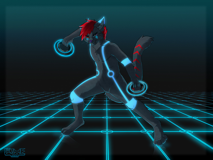 anthro digital_media_(artwork) digital_world felid feline fur hair heterochromia hi_res identity_disc looking_at_viewer male mammal neon_lights prime_redux smile solo solo_focus tron tron:_legacy tron_legacy young