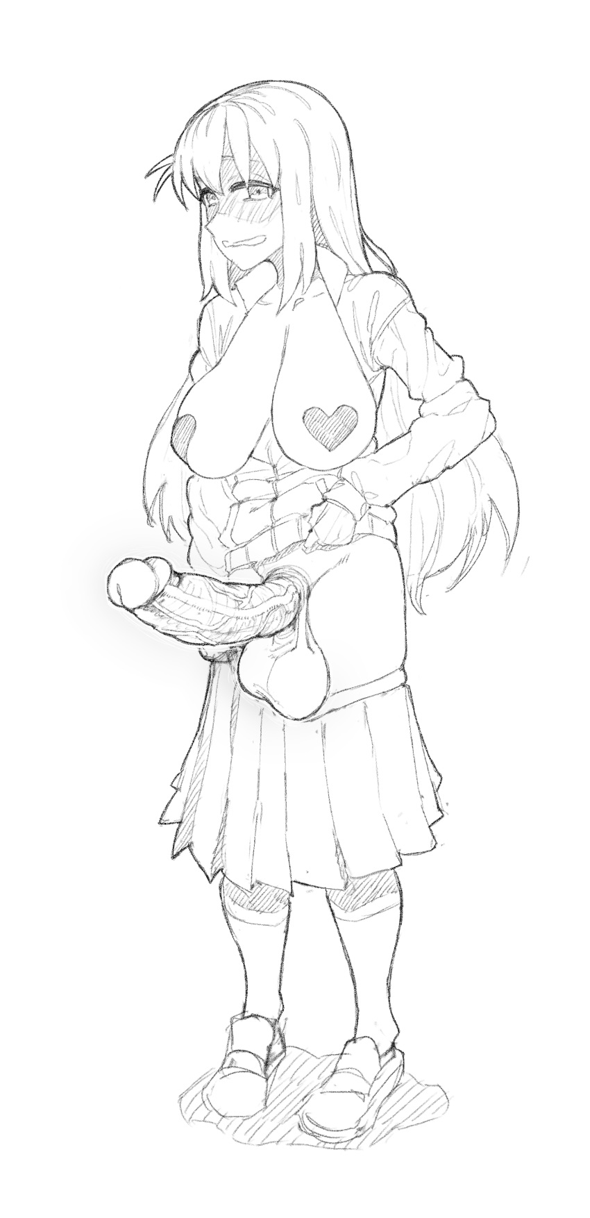 1girl absurdres bocchi_the_rock! breasts clothes_pull erection full_body futanari gotou_hitori greyscale heart_pasties highres huge_penis huge_testicles jacket jacket_lift large_breasts lifted_by_self loafers long_hair long_sleeves looking_at_viewer makinakid monochrome partially_unzipped pasties penis pleated_skirt shoes simple_background skirt skirt_pull solo standing testicles veins veiny_penis white_background