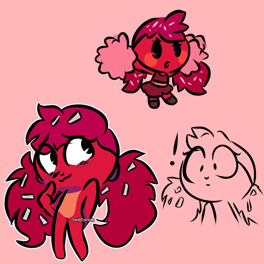 2022 anthro blush cheerleader cheerleader_outfit dandruff exclamation_point female flaky_(htf) fur happy_tree_friends hi_res mammal pie_cut_eyes pigtails pom_poms porcupine red_body red_fur rodent scrunchie signature simple_background snimesupreme solo standing surprise