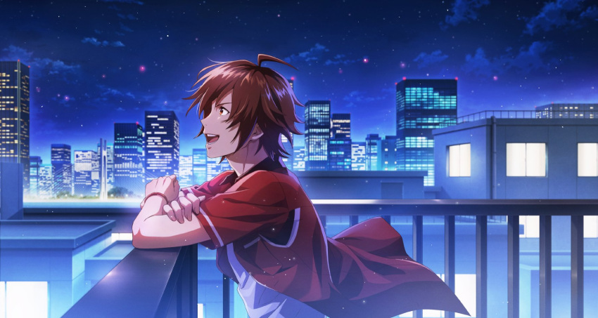 1boy ahoge amagase_touma breast_pocket brown_eyes brown_hair city city_lights cloud fingernails highres idolmaster idolmaster_side-m idolmaster_side-m_growing_stars male_focus night night_sky official_art open_clothes open_mouth pocket rooftop short_sleeves sky star_(sky) teeth third-party_source