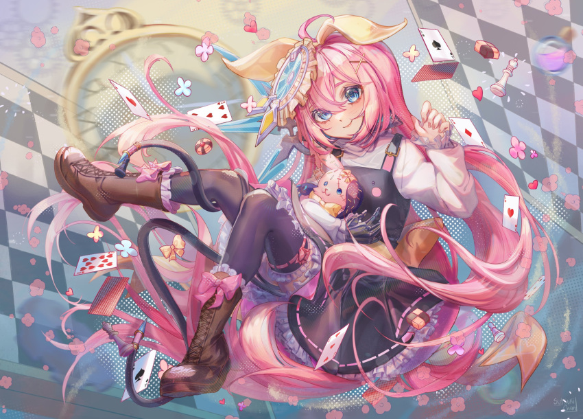 1girl ace_of_diamonds ace_of_hearts ace_of_spades ahoge arisu_gamu artist_name back_bow black_dress black_thighhighs blue_eyes blush boots bow bow_hairband brown_footwear chess_piece chessboard clock closed_mouth commission cross-laced_footwear crosshair diamond_(shape) dress english_commentary falling_card falling_petals five_of_hearts floating floating_hair food footwear_bow frilled_dress frilled_sleeves frilled_thighhighs frills hair_between_eyes hair_bow hair_ornament hairband halftone hand_up head_tilt headgear heart highres indie_virtual_youtuber lace-up_boots layered_dress long_hair long_sleeves looking_at_viewer mechanical_arms mechanical_wings overall_skirt pastry pawn_(chess) petals pinafore_dress pink_bow pink_hair queen_(chess) ribbon-trimmed_legwear ribbon_trim shirt sidelocks signature single_mechanical_arm single_wing smile solo spade_(shape) stitches stuffed_toy sutsukichan ten_of_hearts thighhighs very_long_hair virtual_youtuber white_shirt wings x_hair_ornament yellow_bow