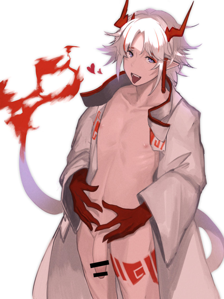 1boy acuonoa arknights bar_censor censored coat colored_skin cowboy_shot dragon_boy dragon_horns dragon_tail flaccid flame-tipped_tail genderswap genderswap_(ftm) highres horns leg_tattoo looking_at_viewer male_focus multicolored_hair naked_coat nian_(arknights) nipples open_clothes open_coat penis pointy_ears purple_eyes red_hair red_skin short_hair simple_background solo streaked_hair tail tattoo teeth tongue tongue_out upper_teeth white_background white_coat white_hair