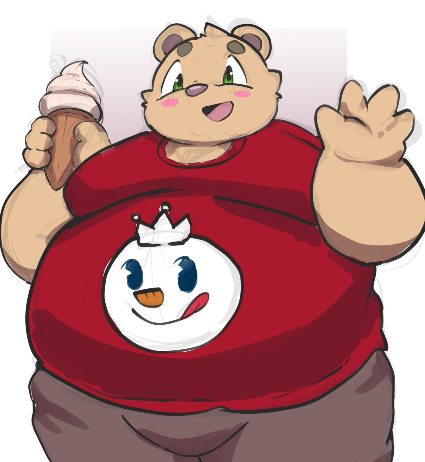 2022 anthro belly big_belly blush bottomwear clothing dessert food green_eyes hi_res humanoid_hands ice_cream inigo_(kusosensei) kemono kusosensei male mammal obese obese_male overweight overweight_male pants solo ursid