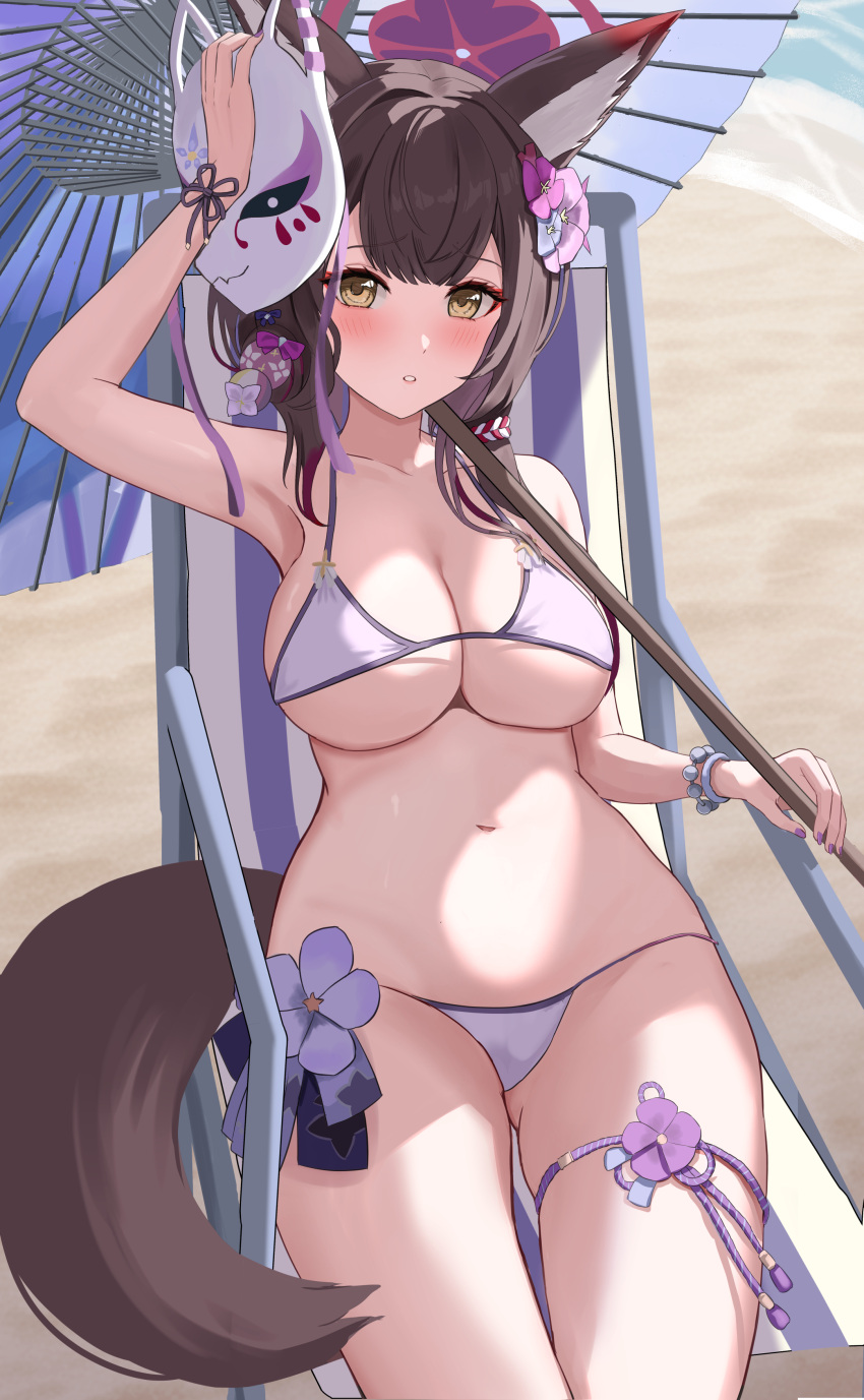 absurdres animal_ears ass_visible_through_thighs beach bikini blue_archive blush breasts brown_eyes brown_hair chair chinese_knot cleavage flower fox_ears fox_girl fox_mask fox_tail grayllust hair_flower hair_ornament highres large_breasts looking_at_viewer lounge_chair mask mask_on_head micro_bikini navel parted_lips swimsuit tail thigh_strap umbrella underboob wakamo_(blue_archive) yellow_eyes