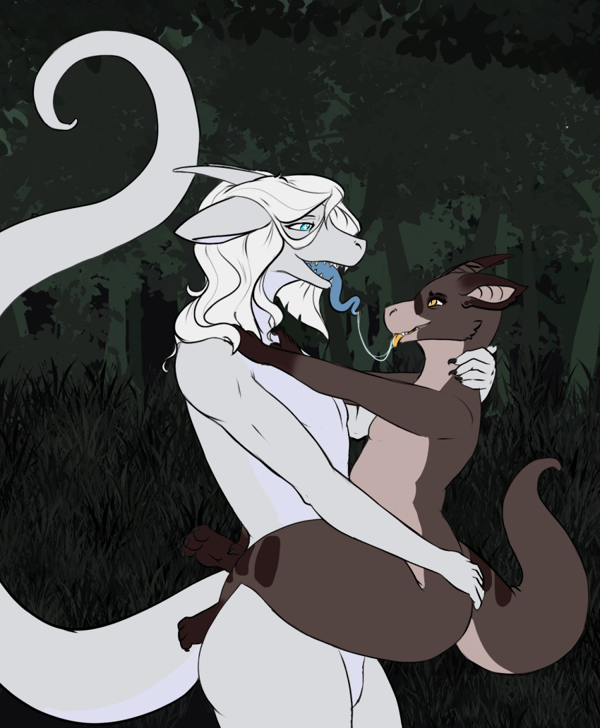 anthro bodily_fluids colored dragon female flirting frost_(frostedscales) frostedscales girly hair hi_res holding_partner horn husband_and_wife kissing kobold larger_male long_hair long_tail long_tongue looking_at_another looking_at_partner male male/female married_couple nyx_(frostedscales) saliva saliva_on_tongue saliva_string simple_background size_difference slightly_chubby smaller_female tagme thick_tail thick_thighs tongue