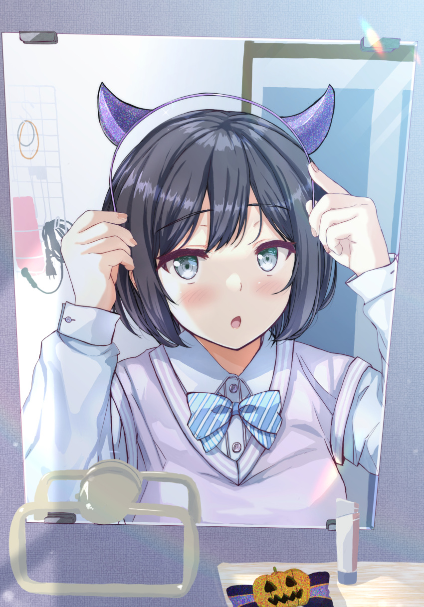 :o adjusting_clothes adjusting_headwear bangs bathroom blue_bow blue_bowtie blue_eyes blush bob_cut bow bowtie brown_sweater_vest cable close-up commentary diagonal-striped_bowtie dress_shirt dressing fake_horns fushimi_asuha hair_tie hairband highres horns jack-o'-lantern looking_at_viewer mirror open_mouth original portrait purple_hairband putting_on_headwear rainbow raised_eyebrows reflection refraction school_uniform shirt short_hair sweater_vest toothpaste towel_rack two-tone_bowtie white_bow white_bowtie white_shirt