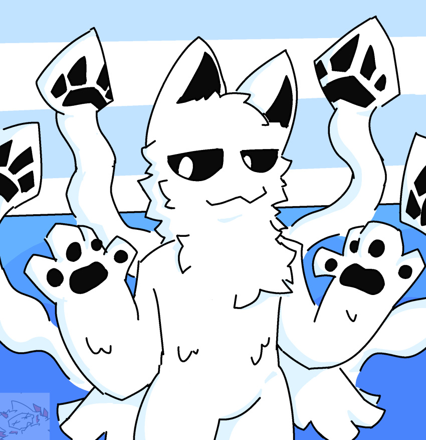 4_fingers anthro black_inner_ear black_pawpads black_sclera canid canine canis cephalopod changed_(video_game) chest_tuft coleoid decapodiform domestic_dog fingers fur hi_res hybrid lazyh male mammal marine mollusk partially_submerged pawpads paws poolside solo squid_dog_(changed) tentacles tuft white_body white_eyes white_fur