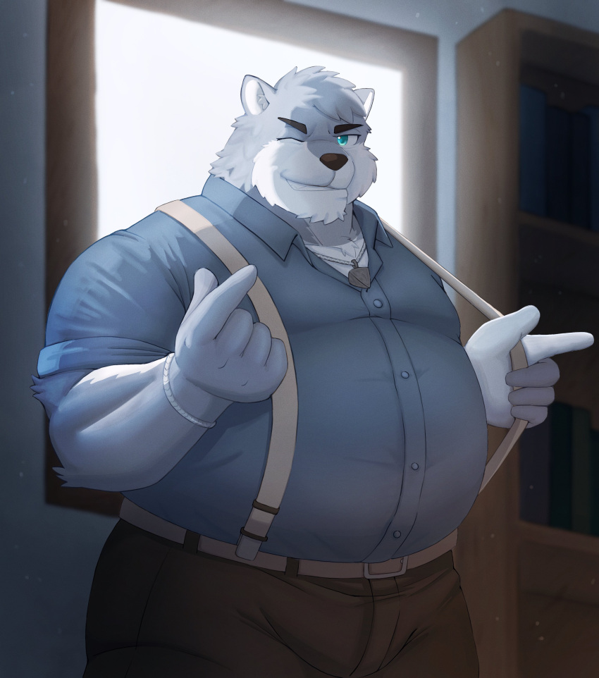 2022 absurd_res anthro arkross1999 belly big_belly bottomwear canid canine canis clothing detailed_background hi_res humanoid_hands inside kemono male mammal one_eye_closed overweight overweight_male pants shirt solo suspenders topwear wink wolf