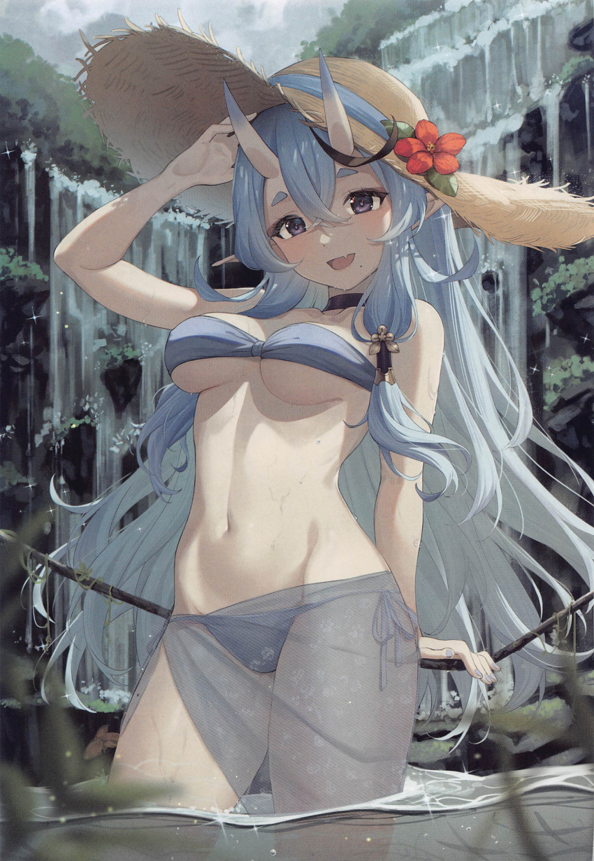 1girl absurdres artbook bandeau bare_shoulders baseness bikini black_choker black_hair blush breasts choker cowboy_shot fang flower foliage hair_between_eyes hat hat_flower highres horns light_purple_hair long_hair looking_at_viewer medium_breasts mole mole_on_thigh mole_under_mouth multicolored_hair navel nijisanji oni oni_horns open_mouth outdoors pointy_ears purple_bikini purple_eyes rindou_mikoto sarong scan see-through see-through_sarong short_eyebrows side-tie_bikini_bottom skin-covered_horns skin_fang smile solo strapless strapless_bikini straw_hat streaked_hair string_bikini swimsuit thick_eyebrows two-tone_hair underboob virtual_youtuber wading water waterfall wet