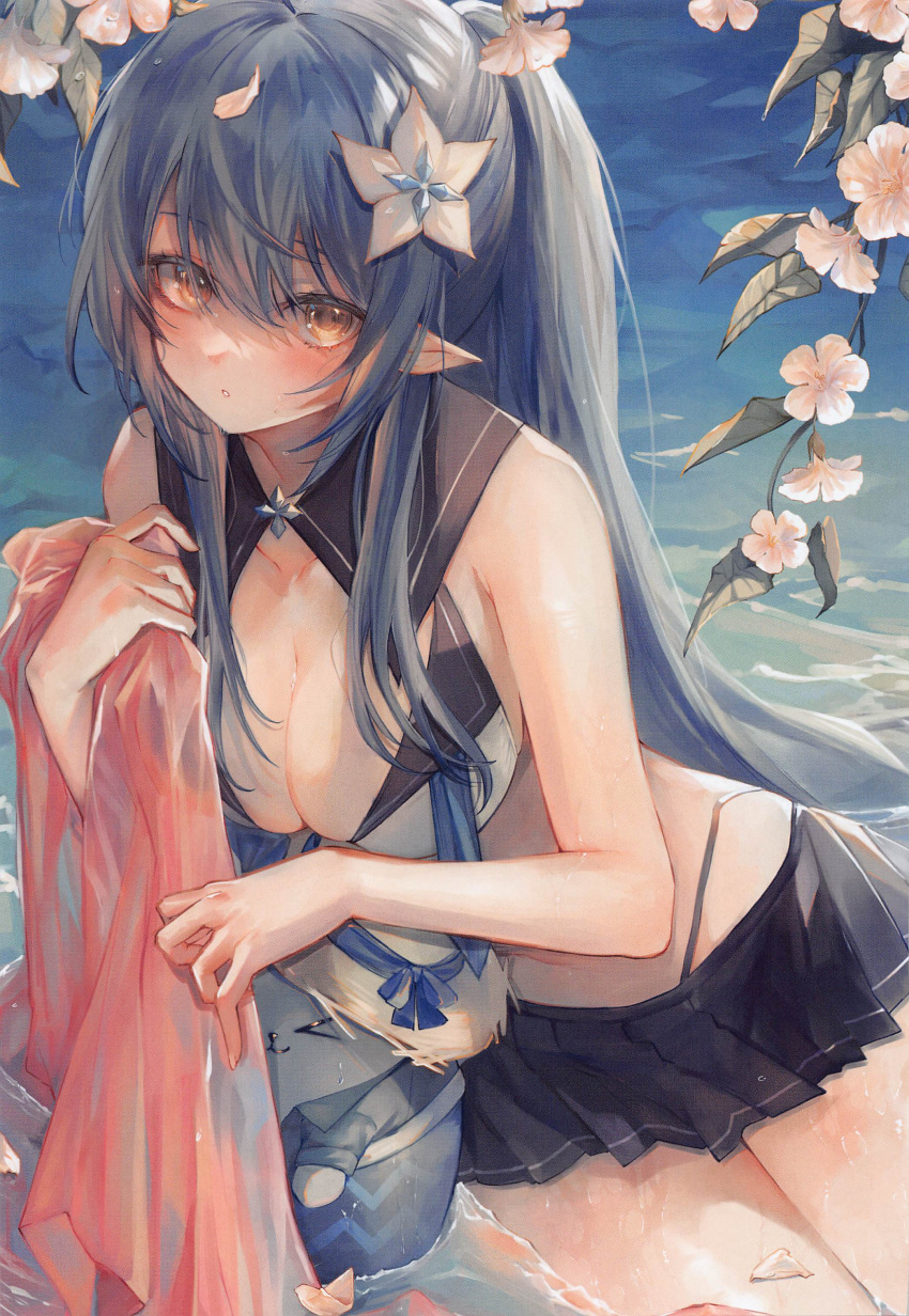 1girl absurdres ahoge artbook bikini blue_hair breasts highres hololive large_breasts legs long_hair mouth_hold multicolored_hair pointy_ears sandals scan solo streaked_hair swimsuit thigh_strap virtual_youtuber wet yellow_eyes yukihana_lamy