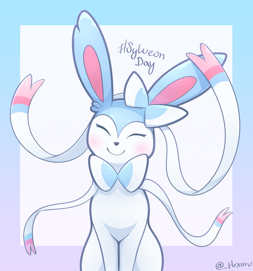 2022 ambiguous_gender artist_name big_ears black_eyelashes black_nose blue_background blue_body blue_bow blue_ears blue_face blue_fur blue_ribbon blush canid cel_shading colored digital_drawing_(artwork) digital_media_(artwork) digitigrade ear_tuft eeveelution eyelashes eyes_closed feral feral_focus fluffy fluffy_ears front_view fur fur_markings fur_tuft generation_6_pokemon gradient_background half-length_portrait happy hexuru hi_res light lighting long_ears mammal markings multicolored_body multicolored_bow multicolored_ears multicolored_face multicolored_fur multicolored_ribbon nintendo nude pink_body pink_ears pink_fur pink_markings pink_ribbon pokemon pokemon_(species) portrait pupils quadruped shaded shadow shiny_pokemon signature simple_background sitting slim smile solo solo_focus sylveon text tuft two_tone_bow two_tone_ears two_tone_face two_tone_ribbon video_games white_background white_body white_bow white_face white_fur white_pupils white_ribbon