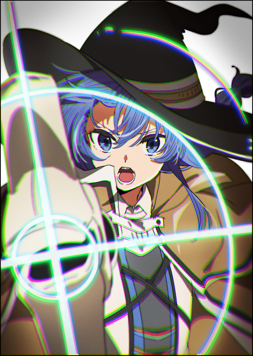 1girl bangs black_headwear blue_eyes blue_hair braid brown_cape cape casting_spell collared_shirt commentary hair_between_eyes hat highres hirayama_kanna long_hair long_sleeves looking_at_viewer mushoku_tensei open_mouth roxy_migurdia shirt simple_background solo teeth tongue upper_body white_background white_shirt witch witch_hat