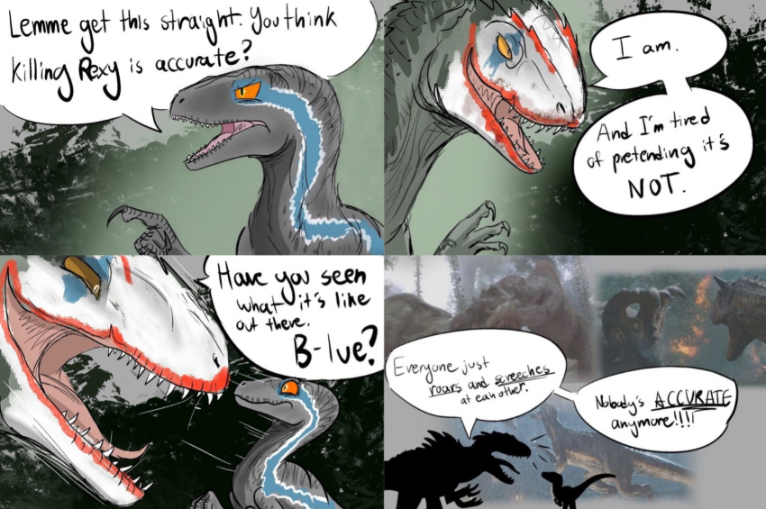 3_fingers 4_panel_comic abelisaurid ambiguous_gender batman_(series) black_text blue_(jurassic_world) blue_stripes bodypaint carcharodontosaurid carnotaurus clown_makeup comic dc_comics dialogue dinosaur duo english_text face_paint female female_(lore) fingers giganotosaurus grey_body grey_skin hi_res humor indoraptor joker_(2019_film) jurassic_park jurassic_world jurassic_world:_dominion jurassic_world:_fallen_kingdom makeup meme orange_eyes parody reptile scalie screencap screencap_background shadow silhouette sinoceratops size_difference smaller_female speech_bubble spinosaurid spinosaurus stripes text the_joker theropod tyrannosaurid tyrannosaurus tyrannosaurus_rex universal_studios unknown_artist yelling yellow_eyes