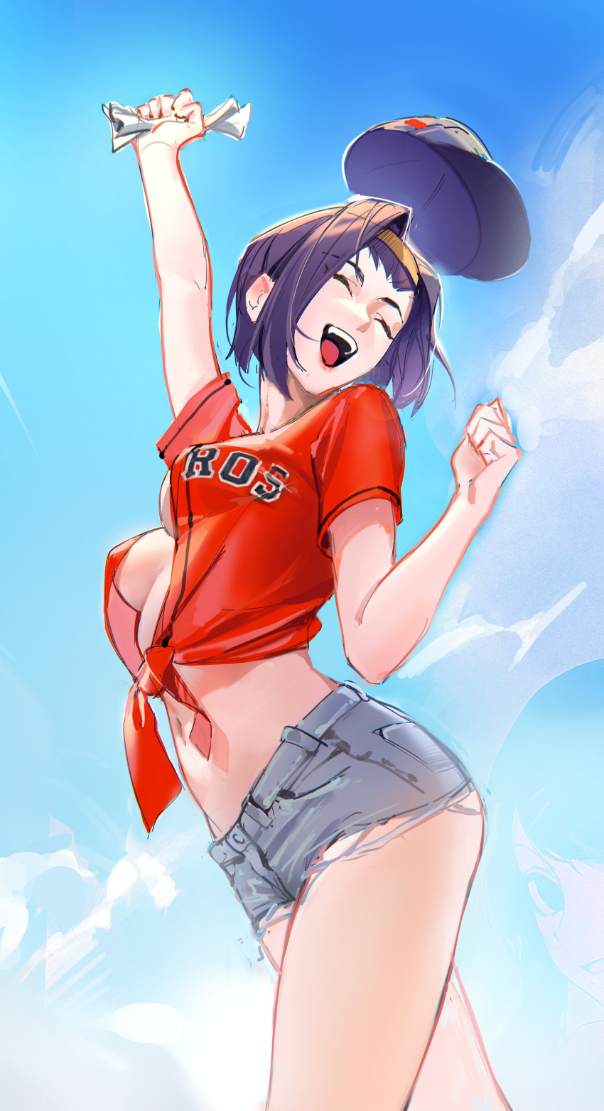 1girl absurdres ass breasts cleavage cloud cowboy_bebop crop_top denim denim_shorts faye_valentine from_below hairband happy hat highres laughing legs limart lipstick makeup medium_breasts midriff navel open_clothes open_mouth open_shirt purple_hair short_hair short_shorts shorts sketch smile solo stomach teeth torn_clothes yellow_hairband