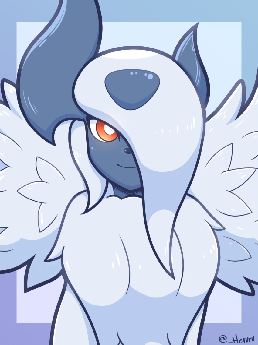 2022 absol ambiguous_gender anthro artist_name black_nose blue_background blue_body blue_fur blue_horn chest_tuft colored digital_drawing_(artwork) digital_media_(artwork) digitigrade eyelashes feathers feral feral_focus fluffy_chest forehead_gem front_view fur generation_3_pokemon gradient_background hair hair_over_eye half-length_portrait hexuru hi_res horn light lighting looking_away mammal mega_absol mega_evolution monotone_body monotone_fur monotone_hair neck_tuft nintendo one_eye_obstructed orange_eyes pokemon pokemon_(species) portrait quadruped shaded signature simple_background sitting smile solo solo_focus text tuft video_games white_body white_eyes white_fur white_hair white_wings wings